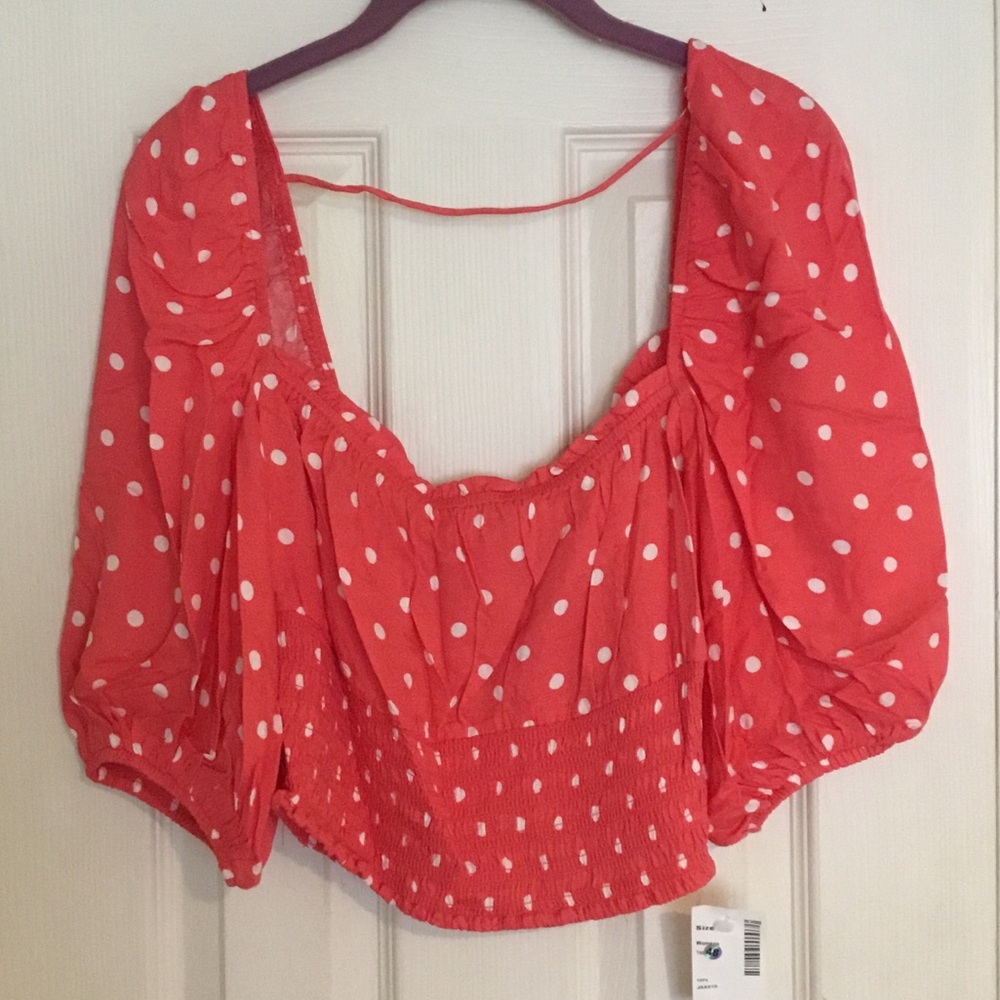 NWT AFRM Coral Polka Dot Puff Sleeve Crop Top